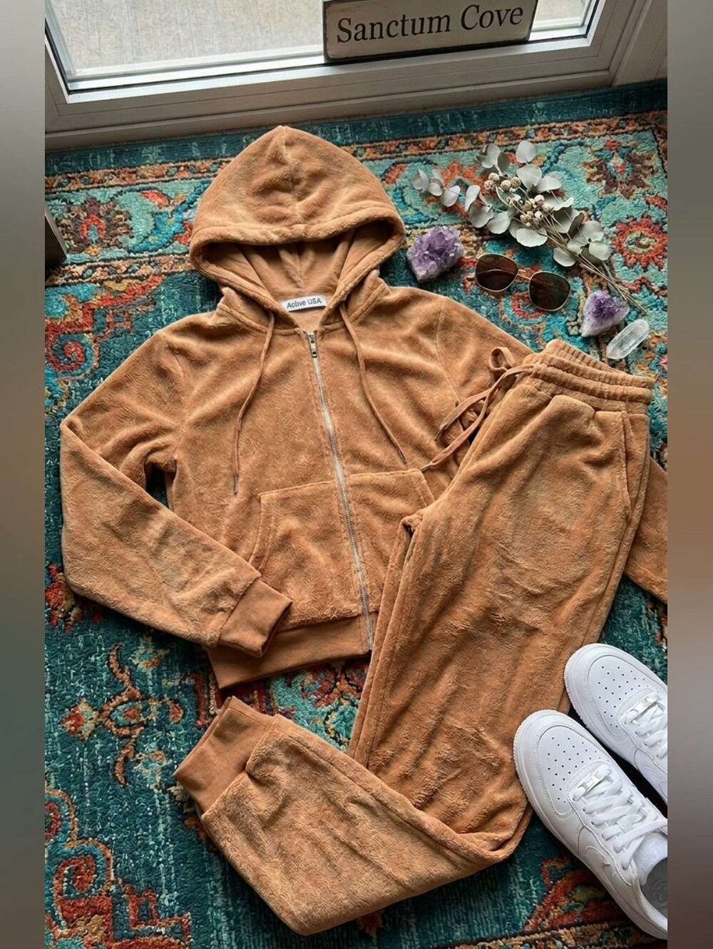 Plush Teddy Fleece Lounge Full Zip Hoodie & Jogger Set / Camel